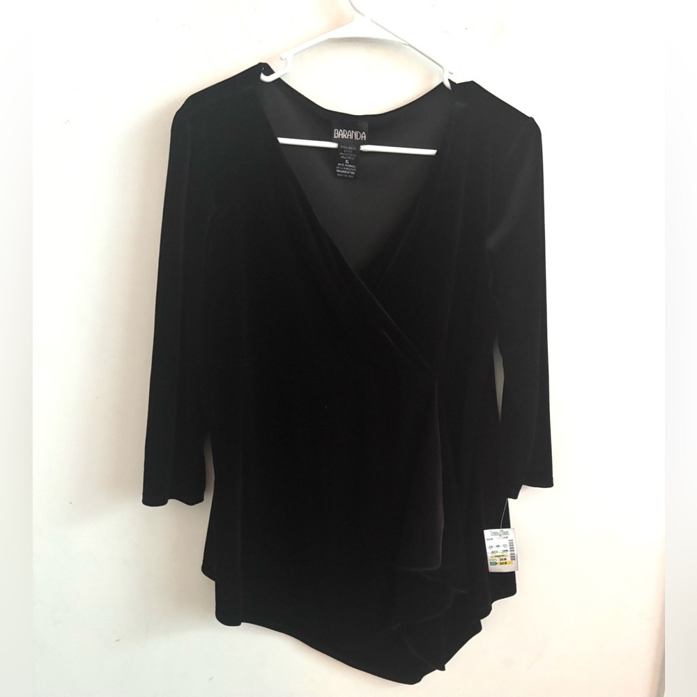 Women’s Black Velvet Wrap Top XL 3/4 Sleeve V Neck Blouse Asymmetrical Grunge